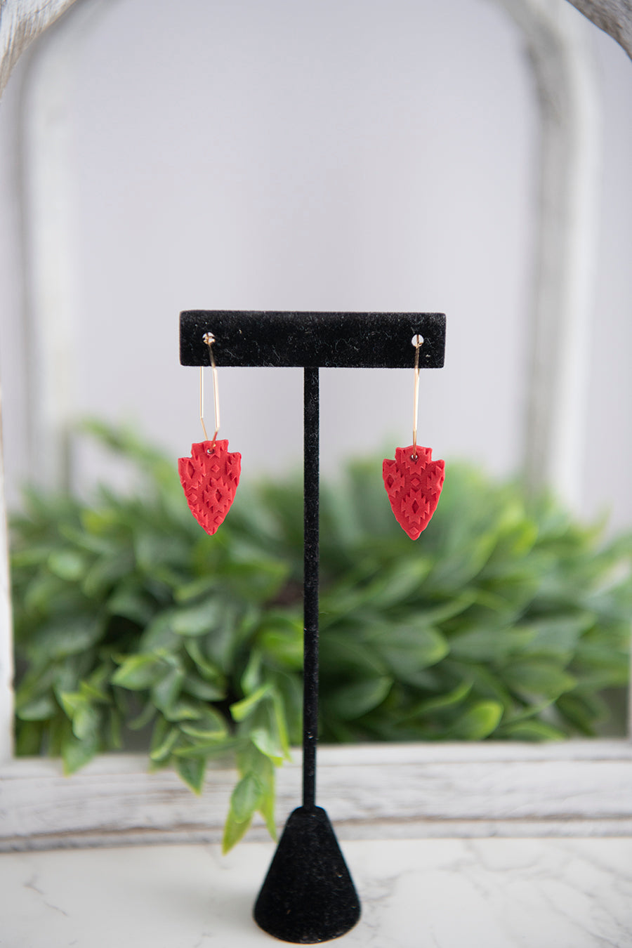 Taylor | Red Aztec Texture Arrowhead Hoops